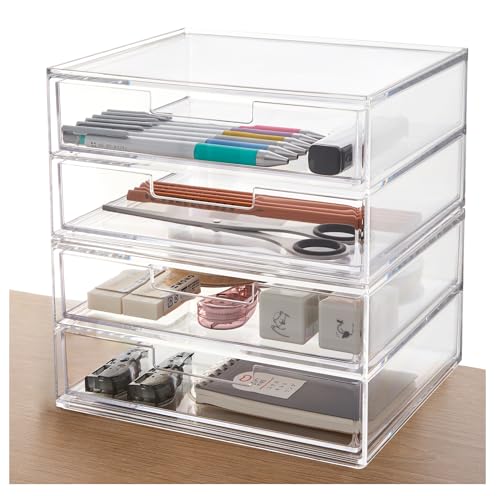 STORi Stackable Desk Drawer Organizer, Clear Pen Pencil Makeup Brush Holder for Desktops and Vanities, 4 Wide Drawers (Made in USA) - style: 7.5"W x 1.5"H Drawers (Set of 4)