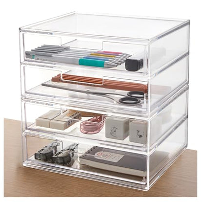 STORi Stackable Desk Drawer Organizer, Clear Pen Pencil Makeup Brush Holder for Desktops and Vanities, 4 Wide Drawers (Made in USA) - style: 7.5"W x 1.5"H Drawers (Set of 4)