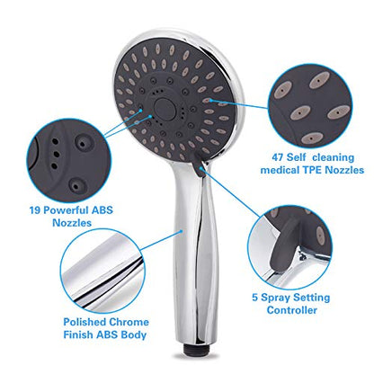 Handheld Shower Head High Pressure 5-Settings with Hose, Chrome | Powerful Water Spray, Against Low Pressure Water Flow, 59 Inch Stainless Hose, Adjustable Mount - color: Silver