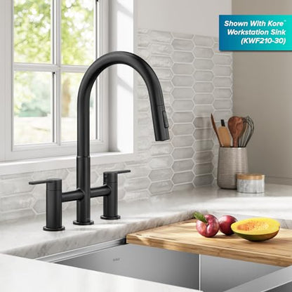 KRAUS Oletto Bridge Kitchen Faucet with Pull-Down Sprayhead in Matte Black, KPF-3122MB - color: Matte Black, style: Bridge Faucet