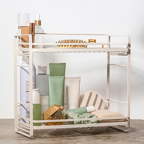 2-Tier Bathroom and Kitchen Organizer - Skincare Storage - Easy Assembly Countertop Rack - White Cream Color Multi-Purpose Holder for Bathroom or Kitchen Essentials - Compact and Durable Design - color: White