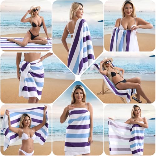 Beach Towel Set-4 Pack 30"x60" Sand Free Stripe Beach Towel for Pool,Bathroom,Soft Absorbent Quick Dry Lightweight Beach Bath Towel,Camping Blanket,Travel Towel,Beach Essentials for Adults,Plum/Blue - color: Plum/Blue