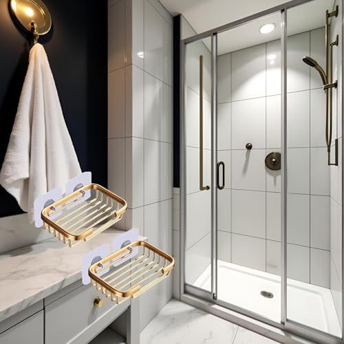 2Pcs Gold Soap Dish for Shower Creative Hanging Drain Rack,Self Adhesive Soap Dish Holder,Soap Holder Soap Dish Storage Rack,Damage Free Hanging Bathroom Drill Free Bathroom Accessories Soap Dishes