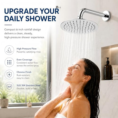6 Inch Round Rain Shower Head Metal Stainless Steel High Flow Rainfall Shower Head with Self-Cleaning Silicone Nozzles Universal 1/2" Wall Mount for Bathroom - size: 6 Inch Round