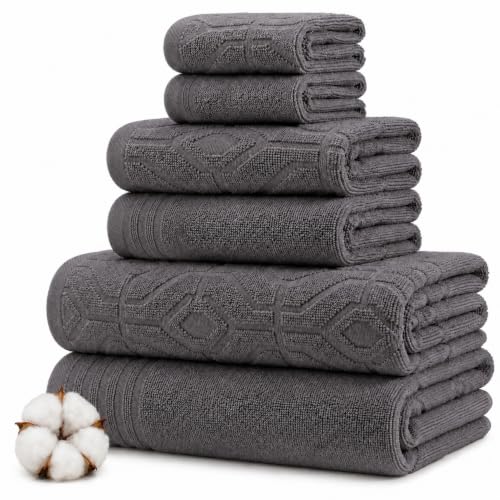 Modern Threads 6 Piece Cotton Bath Towel Set – Ultra Soft 550 GSM Towels – Bathroom Set with Hand Towels and Washcloths – Geometric (Charcoal) - color: Charcoal, style: Geometric
