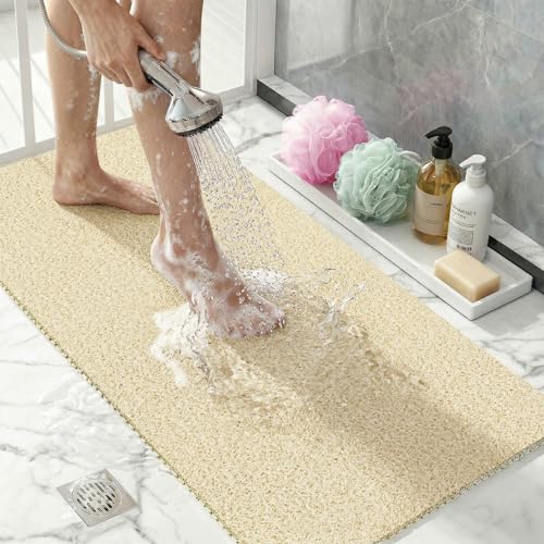 Non Slip Loofah Shower Mat 32"x16", Quick Drying Mats with Drain Hole, Soft Trimmable PVC Loofah Massage Bathmat for Shower, Kitchen, Hotel, Tub, Floor, Home, Beige - color: Beige, size: 16" x 32" (Rectangular)