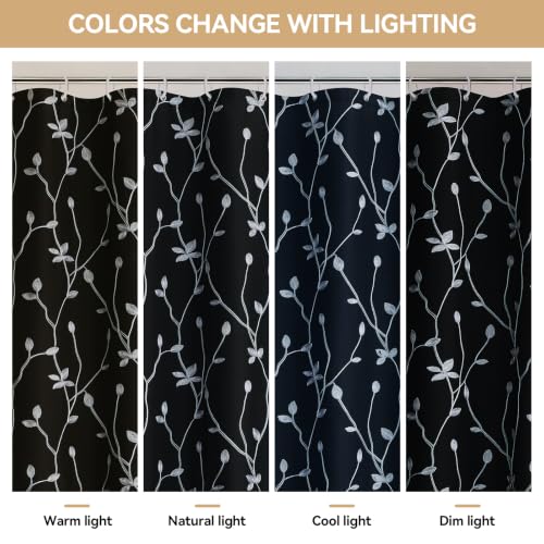 Embroidered Leaf Farmhouse Shower Curtain,Faux Linen,72Wx72L,Black | Boho Modern Shower Curtain Set, Washable & Waterproof Fabric, Floral Shower Curtains for Bathroom with Hooks - color: Black