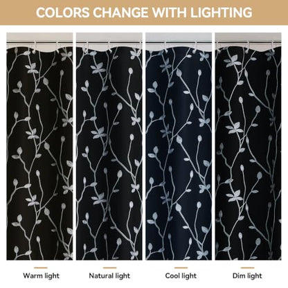 Embroidered Leaf Farmhouse Shower Curtain,Faux Linen,72Wx72L,Black | Boho Modern Shower Curtain Set, Washable & Waterproof Fabric, Floral Shower Curtains for Bathroom with Hooks - color: Black