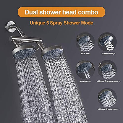 AZOS Double Shower Head with Shut-Off Valve, Bathathroom High Pressure Dual Fixed Rain Shower Head Combo with Brass Dual Outlet Manifold, Adjustable 5 Function Showerhead Brushed Nickel - color: Brushed Nickel