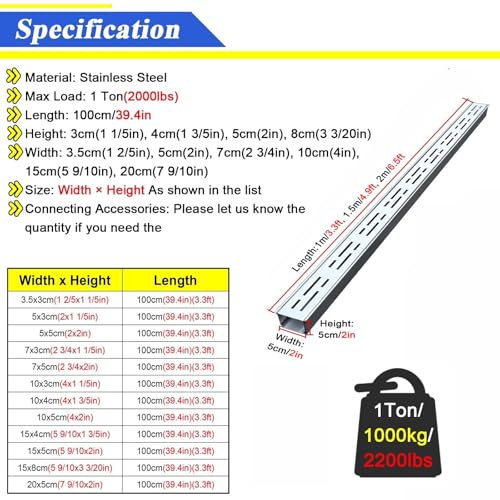 LZMZMQ 2-in Slim Channel Drain and Grate Kit, 1m 1.5m 2m Long Driveway Pool Deck Drainage Guttering Pipe and Sewerage Cover, Stainless Steel Jointable Linear Shower Drain(Silver,Length-1.5m/4.9ft) - color: Silver, size: Length-1.5m/4.9ft