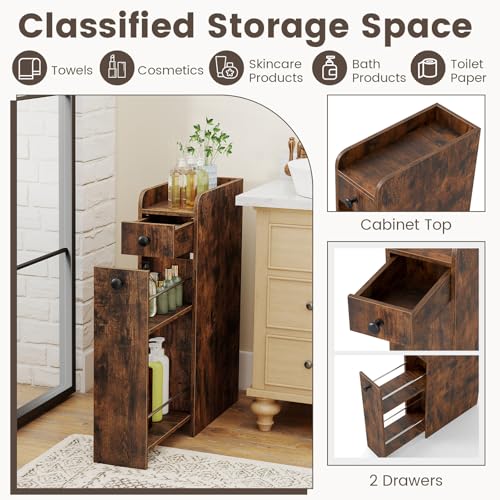 GIANTEX Slim Bathroom Storage Cabinet, Space-Saving Toilet Side Cabinet with Slide-Out Drawers on 3 Wheels, Freestanding Narrow Toilet Paper Holder for Living Room, Laundry Room (Rustic Brown) - color: Rustic Brown