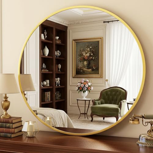 Antok 30 Inch Round Mirror for Wall, Round Bathroom Mirror, Circle Wall Mirrors with Gold Metal Frame, Circle Mirrors Suitable for Wall, Bathroom, Vanity, Living Room, Entryway - color: Gold, size: 30"L x 30"W