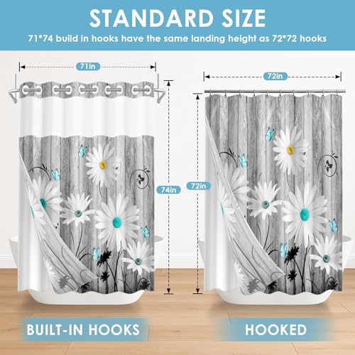 No Hook Shower Curtain with Snap in Liner 71x74 Inch Daisy Flower | Wooden Boards Gray Modern Double Layers Waterproof Fabric with See Through Top Window Open Grommet Bath Curtain - color: Daisy, size: 71"W x 74"L (Pack of 1)