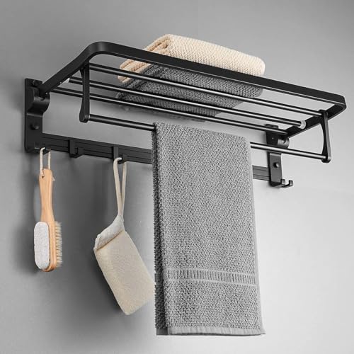 MUSTORN Towel Rack Wall Mount for Bathroom with Towel Bar and Hooks 23.6 in Foldable Towel Shelf Lavatory Towel Organizer Matte Black - color: Matte Black
