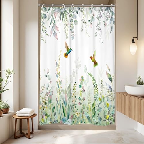 Sage Green Eucalyptus Stall Narrow Hummingbird Bathroom Shower Curtain Set | 48"W x 72"H Plants Botanical; waterproof HD print, quick-dry fabric with 12 free hooks for easy hanging. - color: A-sage Green, size: 48"W x 72"L (Pack of 1)