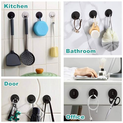 BARONAGE Adhesive Hooks 4 Pack, Black | Stainless Steel Sticky Shower Hooks, Waterproof, Rustproof, Heavy Duty Towel Hook, Easy Install, Traceless Hook For Bathroom