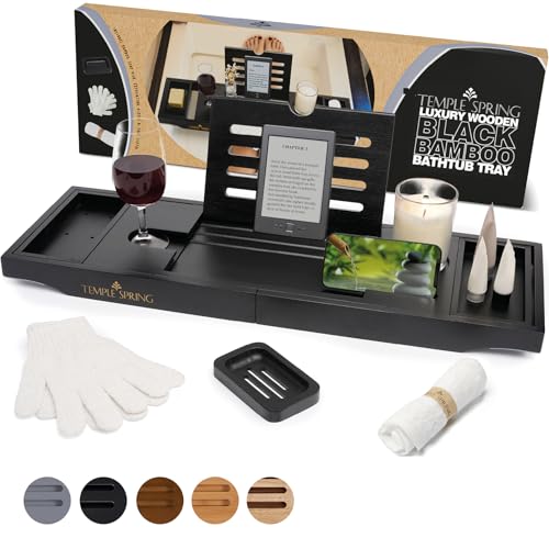 Bamboo Bathtub Tray Caddy for Tub — Expandable Wood Bath Tray with Solid Book Stand Wine Holder and Non-Slip Pads — Includes Bamboo Soap Dish and Spa Accessories — Luxury Bath Gift Set - color: Black