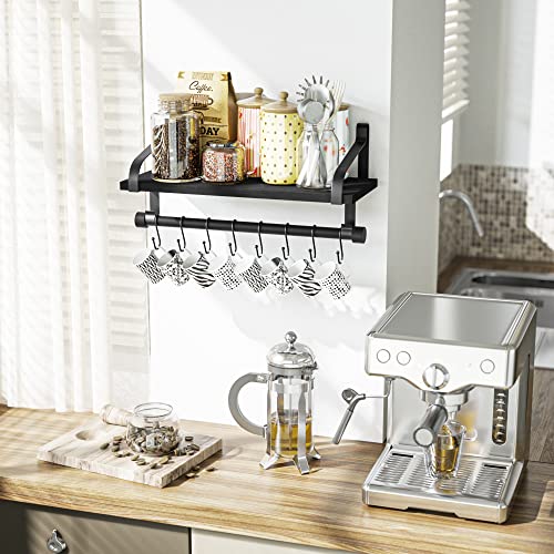 Love-KANKEI 17.3" Floating Wall Shelf Solid Wood/Bracket,Coffee Bar,Black | Spice Rack,Towel Bar/8 Hooks,40 Lbs/shelf,Easy to Install,For Kitchen,Bathroom,Living Room,Bedroom,Office,Entryway Display - color: Black