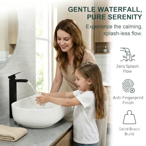 Black Tall Waterfall Bathroom Faucet, Single Hanlde Vessel Sink Faucet with Waterfall Spout, Bathroom Faucets for 1 Hole, RV Lavatory Vanity Mixer Bar Tap with Pop Up Drain and Hoses KMBF015B | Bathroom Faucets for RV Lavatory Vanity Mixer Bar Tap with Po