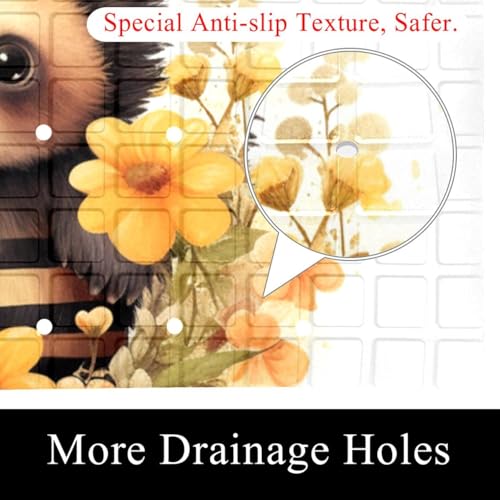 Shower Mat Non-Slip Bathtub Mats with Suction Cups and Drain Holes, Cute Bee Florals Design, Easy to Clean for Bathroom, 26.8x15.1In - color: Multi 3