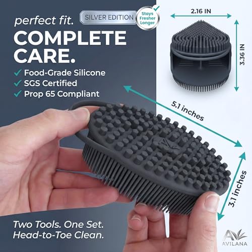 Avilana Silicone Body Scrubber for Shower – SGS Certified Food Grade Dual Sided Bath Brush, Gentle Exfoliating Silicone Loofah Alternative, Sensitive Skin Body Brush (Blue-Silver, Body & Face) - color: Blue-silver, size: Body & Face