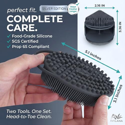 Avilana Silicone Body Scrubber for Shower – SGS Certified Food Grade Dual Sided Bath Brush, Gentle Exfoliating Silicone Loofah Alternative, Sensitive Skin Body Brush (Blue-Silver, Body & Face) - color: Blue-silver, size: Body & Face