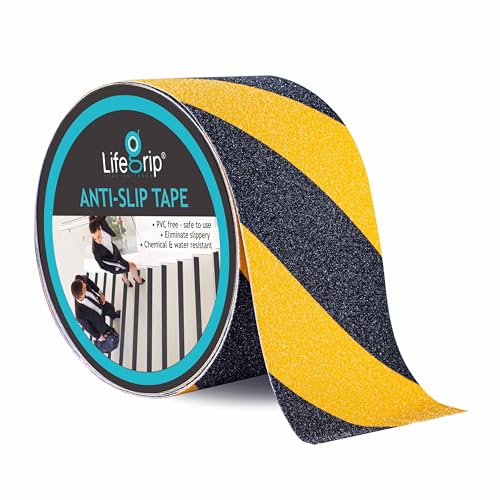 LifeGrip Yellow/Black Anti Slip Tape, 4" x60ft, Waterproof Outdoor Caution | Hi-Vis Safety Stripe for Low Light, Heavy-Duty Grip for Stairs, Ramps & Ladders, Grips Wood, Concrete, Metal, Peel & Stick - color: Black/Yellow, size: 4" X 60'