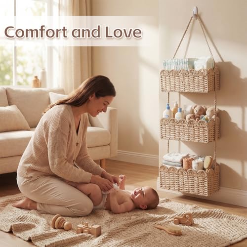 Qunclay Over The Door Hanging Basket 3-tier Decorative Hanging Nursery Baskets Large Baby Diaper Caddy Wall Mounted Woven Organizer for Home Bedroom Living Room Baby Shower Gifts
