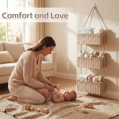 Qunclay Over The Door Hanging Basket 3-tier Decorative Hanging Nursery Baskets Large Baby Diaper Caddy Wall Mounted Woven Organizer for Home Bedroom Living Room Baby Shower Gifts