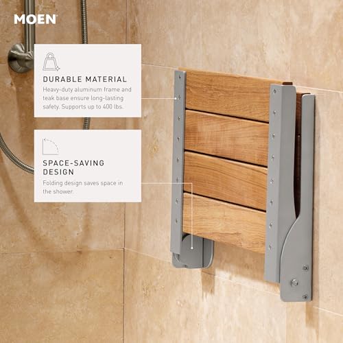 Moen DN7110 Home Care Fold-Down Shower Chair, Teak Wood Bench with Stainless Steel & Aluminum Frame, Wall-Mounted, ADA Compliant, Supports up to 400 lbs - color: Teak Wood