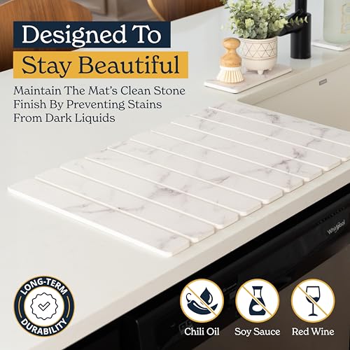 Oleex 3-Pack Stone Dish Drying Mat Set Includes 1 Large 24”x16” & 2 Small 4”x9” for Kitchen Counter-Collapsible Diatomaceous Earth Pad Absorbs Water & Dries Dishes Fast, Non-slip, Odor-Resistant Mats - color: White Marble