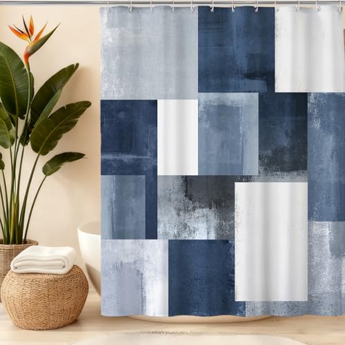 Navy Blue Black Shower Curtain, Modern Geometry Plaid Check Shower Curtains for Bathroom, Ombre Abstract Waterproof Polyester Fabric Shower Curtain Set with Hooks, Standard Size 72 x 72 inches - color: Blue Black