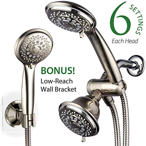 Hotel Spa AquaSpa 6-in-1 High-Pressure Shower Head/Hand Held Showerhead Combo with Two Overhead and Low-Reach Wall Brackets, 3-way Water Diverter & Stainless Steel Hose/Brushed Nickel Finish