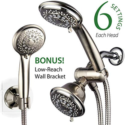 Hotel Spa AquaSpa 6-in-1 High-Pressure Shower Head/Hand Held Showerhead Combo with Two Overhead and Low-Reach Wall Brackets, 3-way Water Diverter & Stainless Steel Hose/Brushed Nickel Finish
