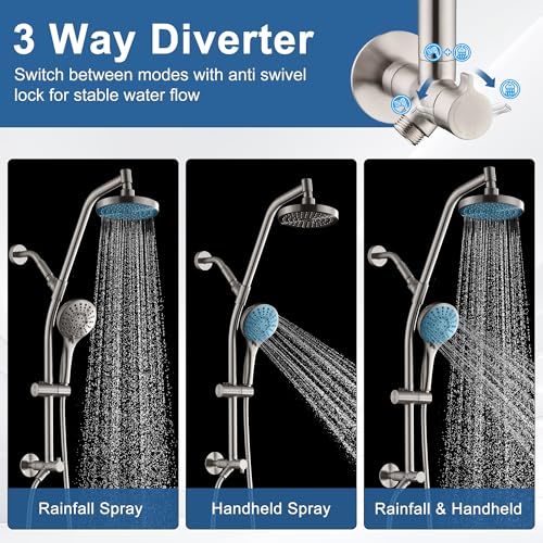 BRIGHT SHOWERS Rain Shower Head with Handheld Combo, Dual Shower System with Slide Bar, Rain Shower System, Adjustable Height, Brass Slide Bar & Diverter, 60 Inch Stainless Steel Hose, Brushed Nickel - color: Brushed Nickel