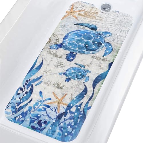 Topotdor Baby Bathtub Mat Non Slip for Kids, 40 X 16 Inch Cute Cartoon Bath Tub Shower Mat Anti Slip with Suction Cups & Drain Holes, Nautical Sea Turtles - color: Nautical Sea Turtles