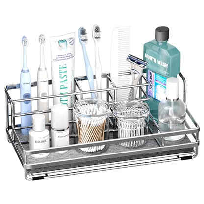 HapiRm Toothbrush Holders for Bathroom - 5 Partitions Bathroom Counter Organizer with Instant Drying Stone, Stainless Steel Countertop Storage Electric Toothbrush Toothpaste Holder - Silver - color: Silver
