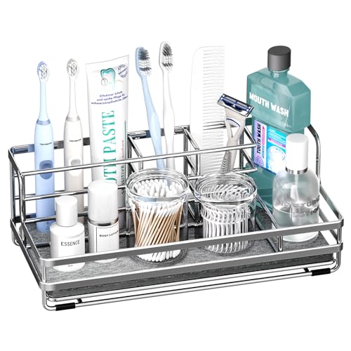 HapiRm Toothbrush Holders for Bathroom - 5 Partitions Bathroom Counter Organizer with Instant Drying Stone, Stainless Steel Countertop Storage Electric Toothbrush Toothpaste Holder - Silver - color: Silver