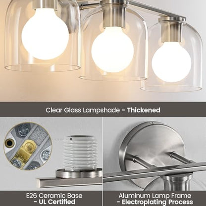WOSHITU Bathroom Vanity Light Fixtures: 23.3 Inch Modern Brushed Nickel Bathroom Vanity Lights Over Mirror with Clear Glass Shade, 3-Light Farmhouse Vanity Lights Fixture - color: Brushed Nickel, size: 3-light
