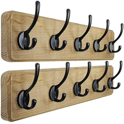 Coat Rack Wall: Patented, Heavy-Duty, 17.4" Long 5-Double-Hooks Wooden Wall Mounted Coat Rack Coat Hanger Hook Rail for Winter Coats Hat Jacket Clothing, Weathered Brown, Pack of 2 - color: Weathered Brown & Black, size: L=17.4" (2pcs)