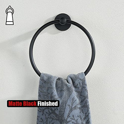 JQK Black Towel Ring, 304 Stainless Steel Matte Black Hand Towel Holder for Bathroom, Wall Mount, TR130-PB - color: Black