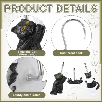 Roowest 12 Pcs Black Cat Shower Curtain Hooks Western Shower Curtain Hooks Stainless Steel Rust Resistant Rings Hangers for Winter Farmhouse Rustic Bathroom Decor - style: Black Cat