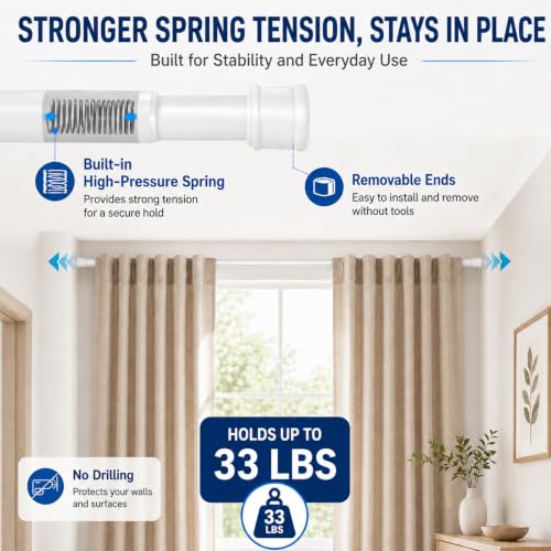 2 Pack No Sectional Assembly Tension Curtain Rods 28-48 Inch | 1" Diameter Spring Long Adjustable Shower Curtain Rods for Bathroom Windows Closet No Drilling No Rust, White - color: White, 2Pack, size: 28-48Inch, No Assembly