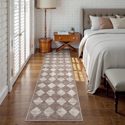 Checkered Runner Rug 2x8 Beige, Hallway Kitchen Bathroom Non Slip Washable - color: Beige, size: 2' x 8' (Runner)