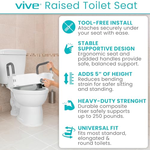 Vive Raised Toilet Seat - 5" Portable, Elevated Toilet Seat Riser | Extender - Elongated and Standard Fit Commode Lifter - Bathroom Safety Extender Assists Disabled, Elderly, Seniors - style: Universal Size w/ Handles