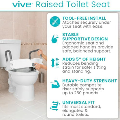 Vive Raised Toilet Seat - 5" Portable, Elevated Toilet Seat Riser | Extender - Elongated and Standard Fit Commode Lifter - Bathroom Safety Extender Assists Disabled, Elderly, Seniors - style: Universal Size w/ Handles