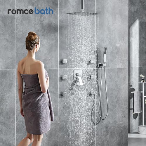 Rain Shower System With Complete 6 Pcs Body Sprays Jets And Pressured Balance Rough-in Valve,12Inch Rainfall Shower Head And Handheld, Modern Brushed Nickel Ceiling Mount Shower Faucet Sets - color: Brushed Nickel, style: Ceiling-Mount 6 Jets