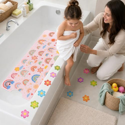Cinrobiye Bath Mat for Tub Non Slip, 40 x 16 Inch Boho Rainbow Bathtub Shower Mat with Suction Cups and Drain Holes, Waterproof Machine Washable Bathroom Mat - color: Rainbow