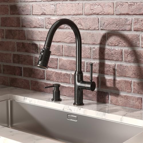 Lava Odoro Oil Rubbed Bronze Kitchen Faucet with Pull Down Sprayer, Single Hole Kitchen Sink Faucet, Single Handle Kitchen Faucet with 3-Function Magnetic Sprayer, Deck Plate Included, KF421-ORB-M - color: Oil Rubbed Bronze, style: 3-Mode, Magnetic