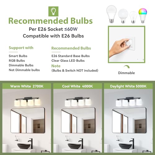 Honesorn 4-Light Vanity Lights, Matte Black Bathroom Light Fixtures | Black Bathroom Vanity Light, Wall Sconces with Milky White Frosted Shades Bedroom,E26 Socket(Bulbs Not Included) - color: Matte Black, size: 4-Light